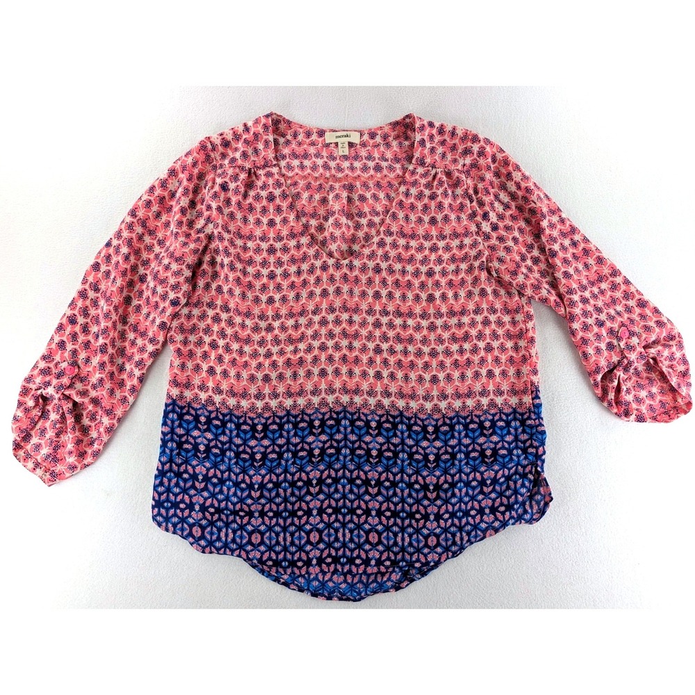 Meraki Womens L Pink Blue Geometric Roll Tab Sleeve V-Neck Blouse Top